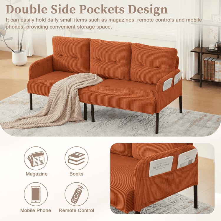 Orange sofa with double side pockets for storage, shown in a living room setting.