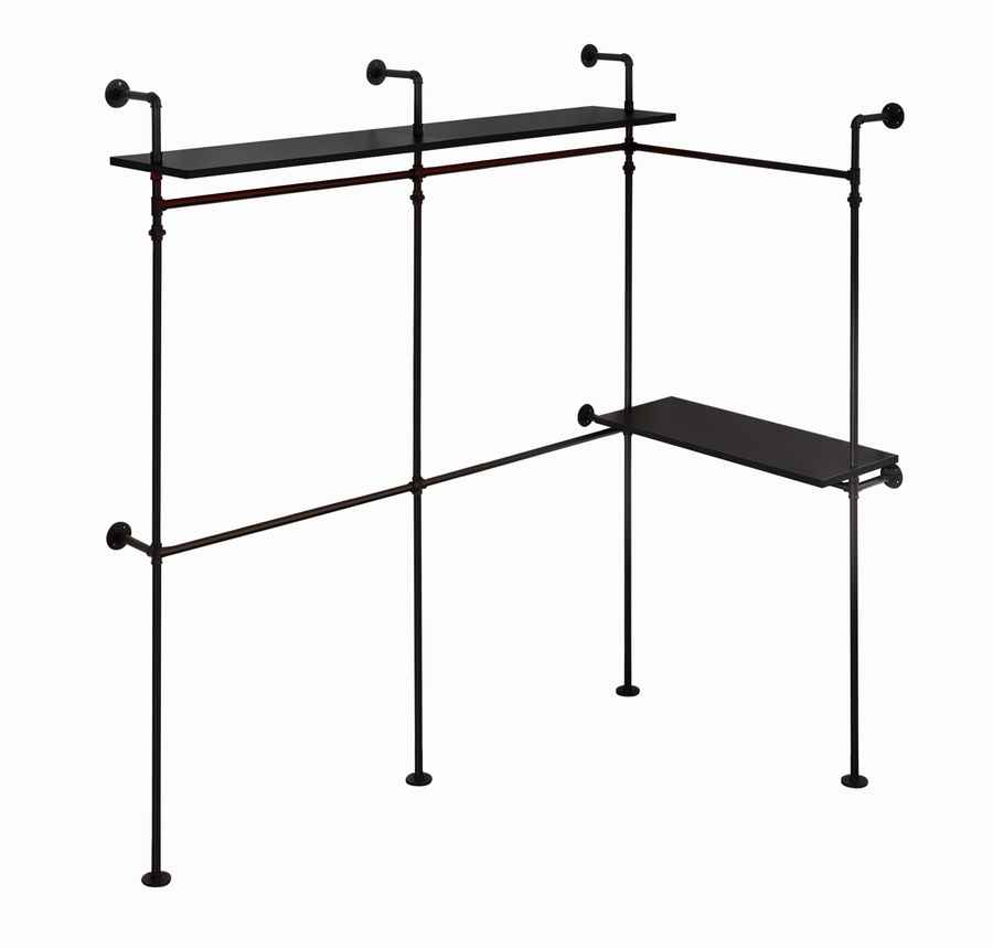 Black industrial pipe clothing rack with multiple levels, LED lights, adjustable height, supported by sturdy metal pipes