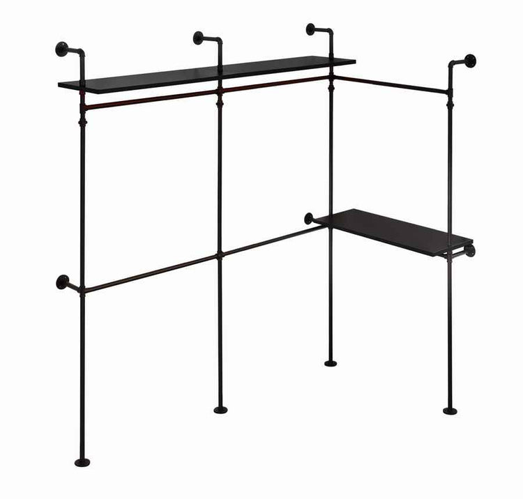Black industrial pipe clothing rack with multiple levels, LED lights, adjustable height, supported by sturdy metal pipes