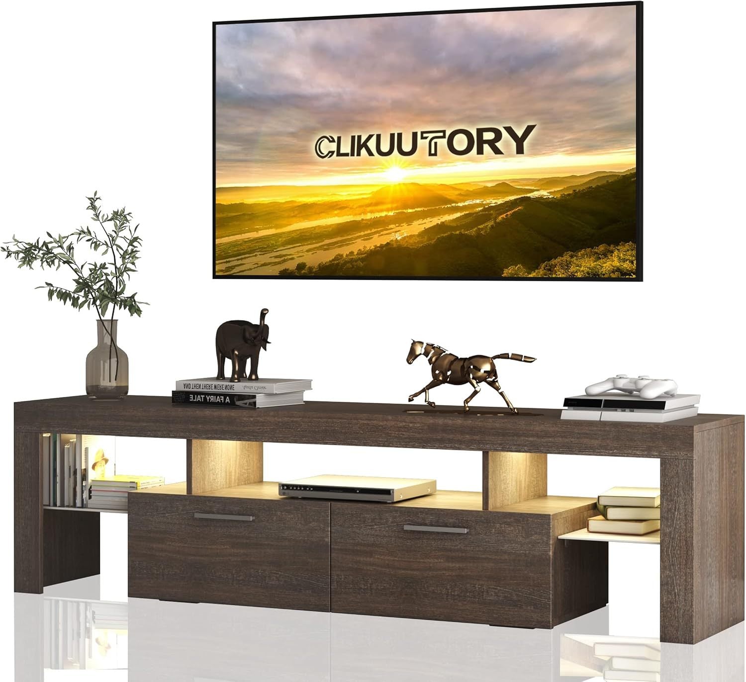 Contemporary LED TV Stand with Storage and drawers, ideal for 40–75 Inch TVs, showcasing open shelving and elegant wood finish.