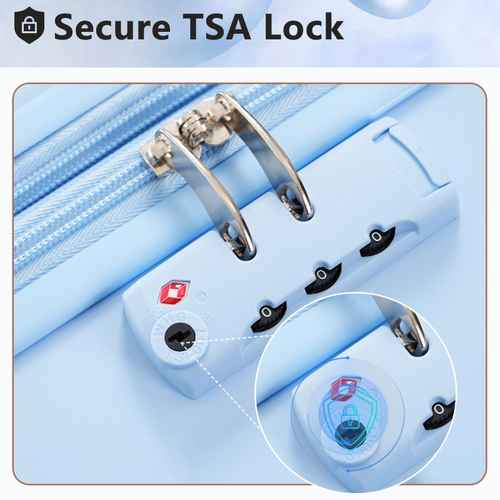 Close-up of a blue suitcase with a secure TSA lock mechanism.