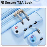 Close-up of a blue suitcase with a secure TSA lock mechanism.