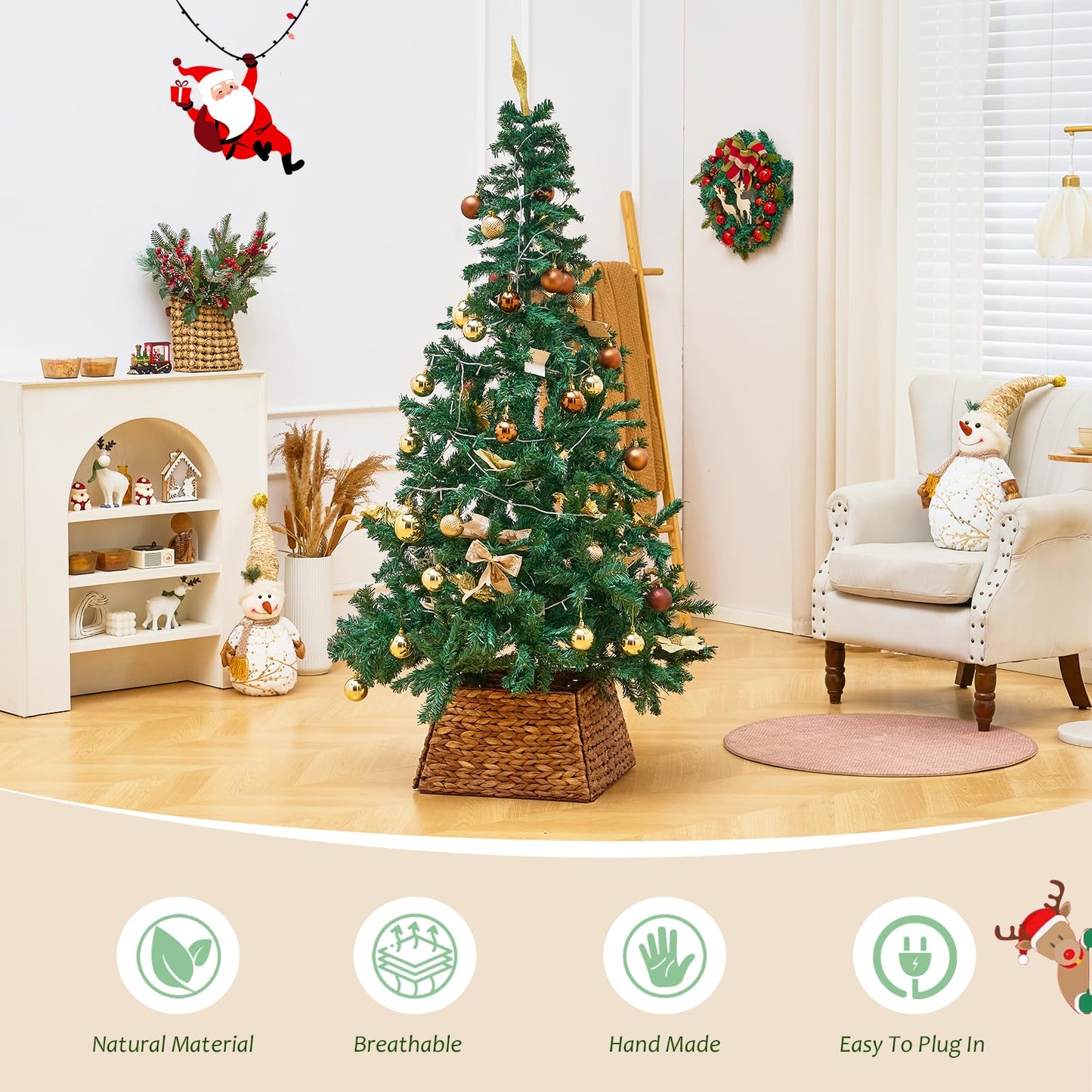 Natural handcrafted Hyacinth Wicker Christmas Tree Skirt under a decorated tree in a cozy living room, perfect for festive home decor.
