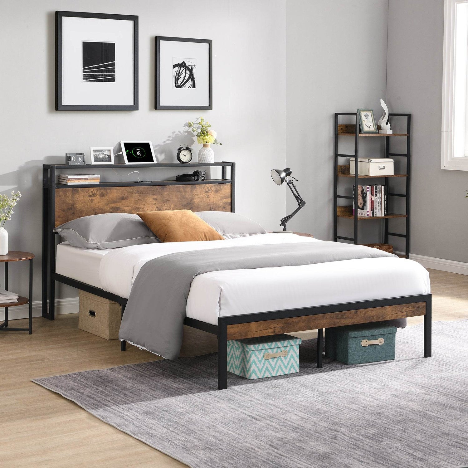 Queen Size Metal Platform Bed Frame with Wooden Headboard and Footboard with USB LINER, No Box Spring Needed, Large Under Bed Storage
