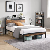 Queen Size Metal Platform Bed Frame with Wooden Headboard and Footboard with USB LINER, No Box Spring Needed, Large Under Bed Storage