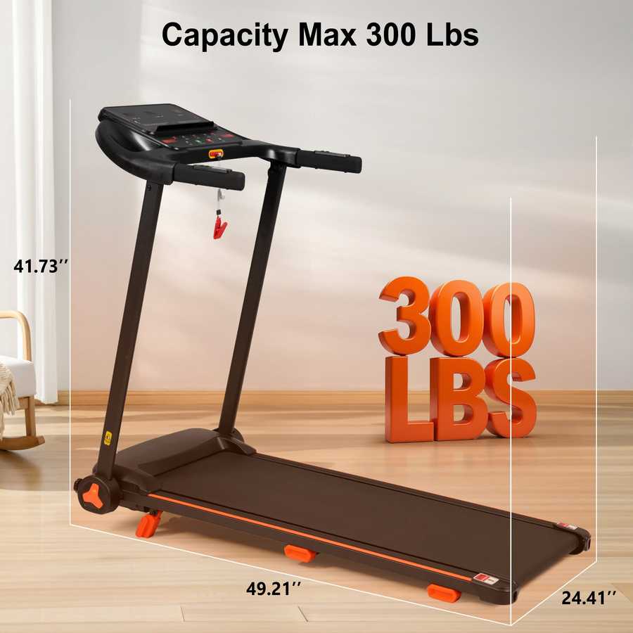 Close-up of treadmill with woman running and orange safety key