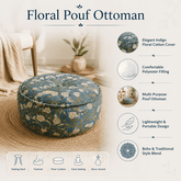 Floral pouf ottoman with features listed on a white background