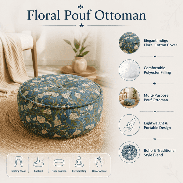 Floral pouf ottoman with features listed on a white background