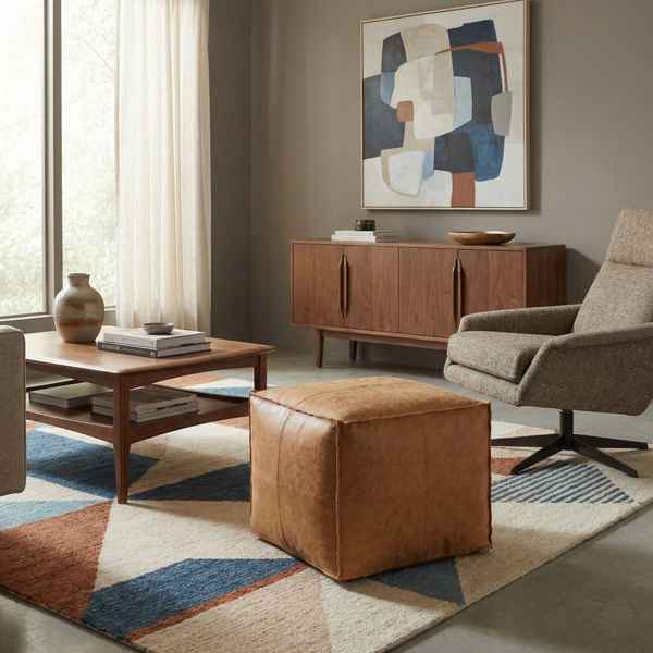 Modern living room with brown ottoman, wooden coffee table, and abstract art on wall.