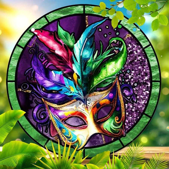 Vibrant Venetian mask suncatcher with green border and feather design, perfect wall art for home decor and garden ambiance.