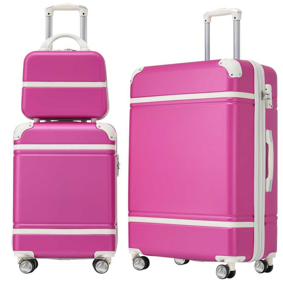 Set of two pink suitcases with white accents on a white background