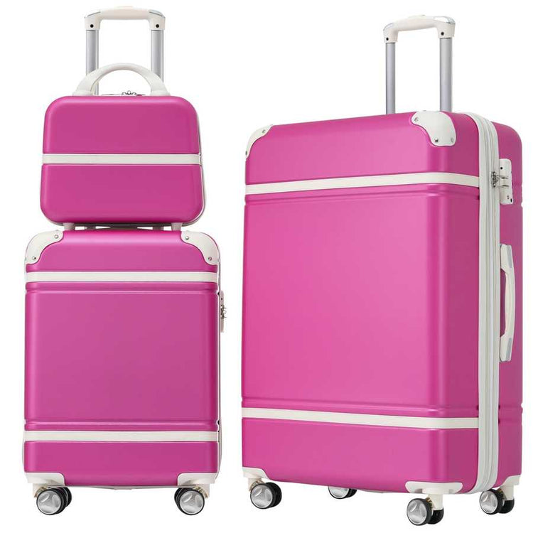 Set of two pink suitcases with white accents on a white background