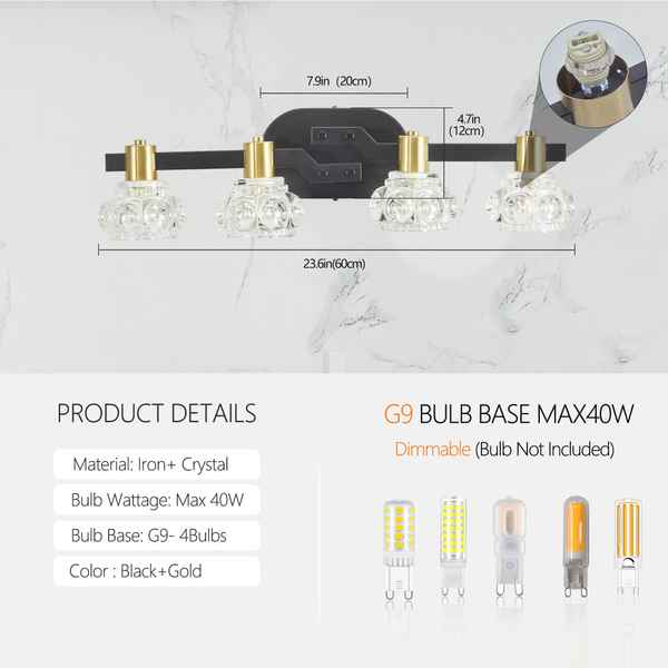 Light fixture with dimensions and product details on a marble background