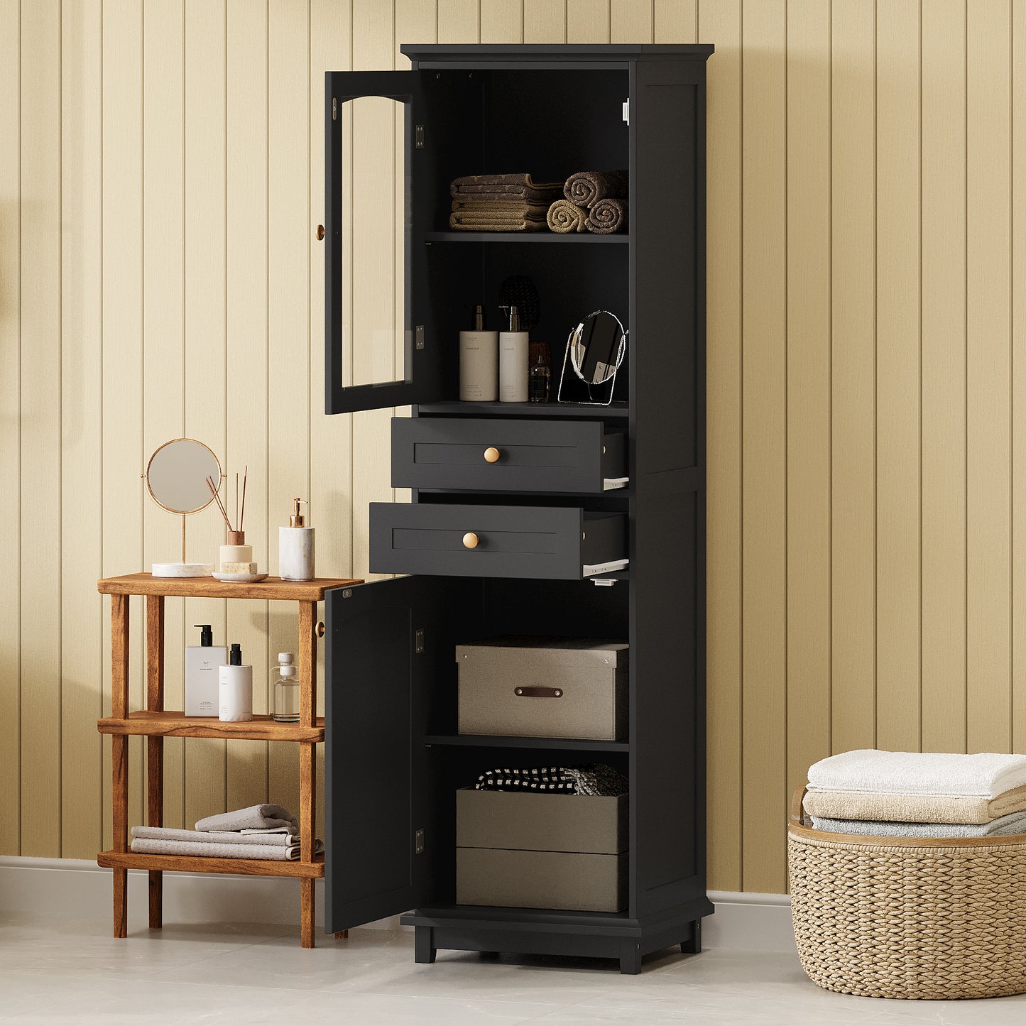 63" Tall Bathroom Storage Cabinet with Glass Doors, Free-Standing, Two Drawers, and Adjustable Shelves, MDF Board, Painted Black