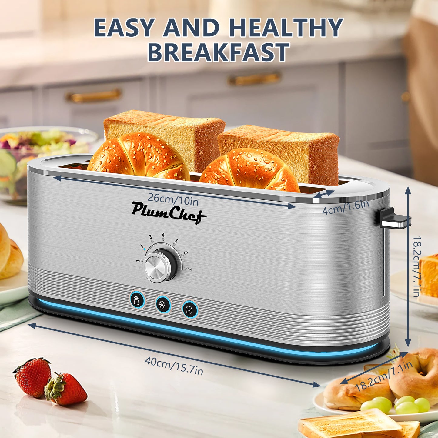 4-Slice Stainless Steel Toaster with wide slots and compact design, shown in a kitchen setting for easy and healthy breakfast preparation.