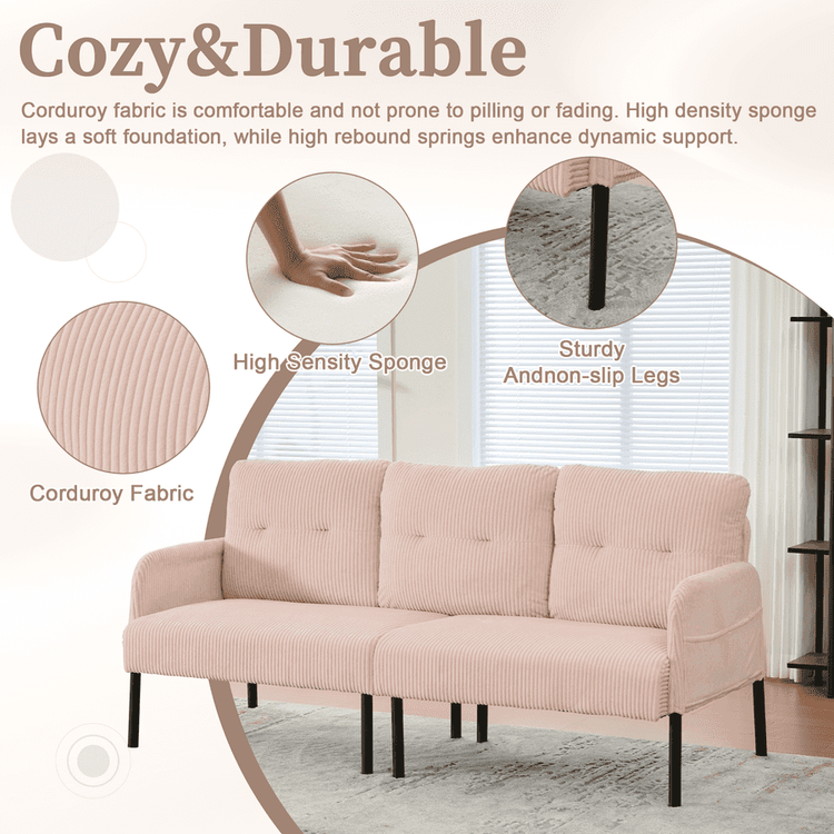 Pink sofa with text highlighting corduroy fabric, high density sponge, and sturdy andon-slip legs.