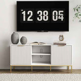 Modern TV stand with wave-design doors, open and adjustable shelves, black finish, in a living room setting