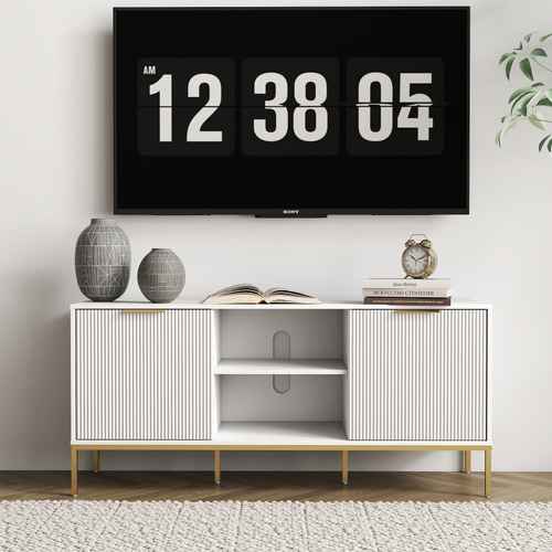 Modern TV stand with wave-design doors, open and adjustable shelves, black finish, in a living room setting