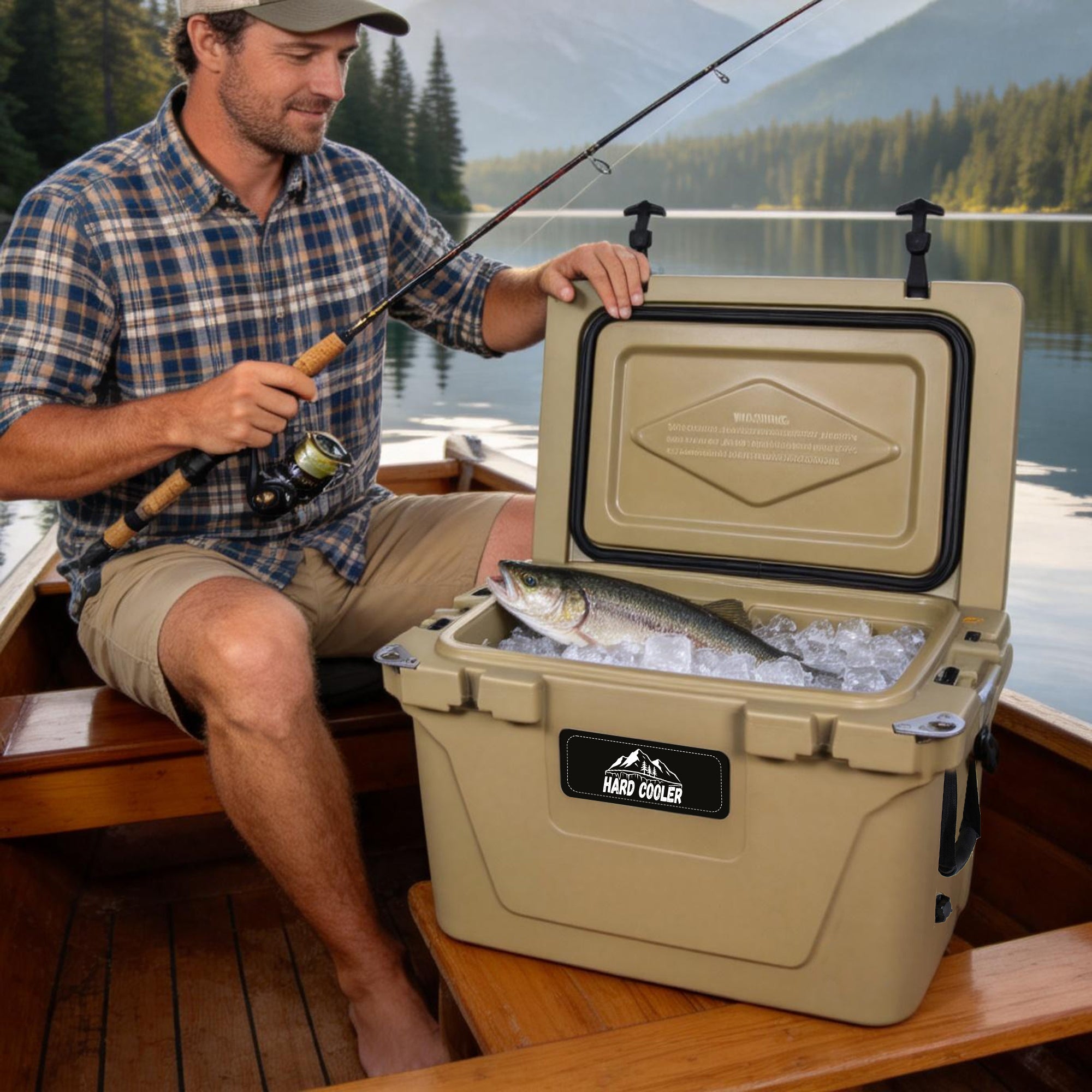 Man fishing by a lake with a cooler containing fish