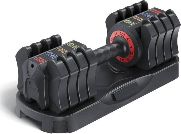 Compact Adjustable Dumbbell - 22.5lb Set with ergonomic handle and 5 quick-adjust weight options for home gym fitness routines.