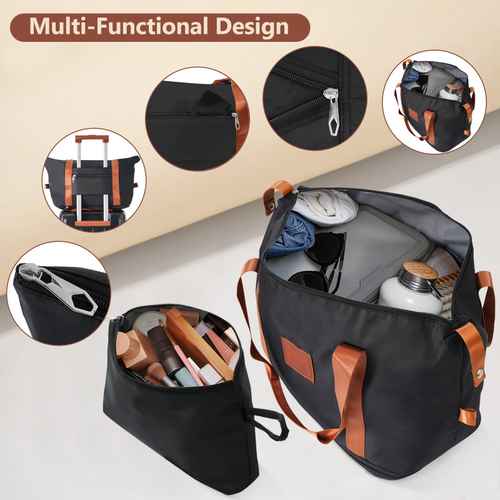 Multi-functional black travel duffle bag with expandable zipper, multiple compartments, and sturdy handles for versatile travel use