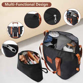Multi-functional black travel duffle bag with expandable zipper, multiple compartments, and sturdy handles for versatile travel use