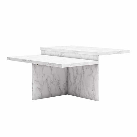 Brielle Coffee Table - Faux Marble with Two Tiers featuring a modern cross-leg design in white marble finish. Ideal for stylish living rooms.