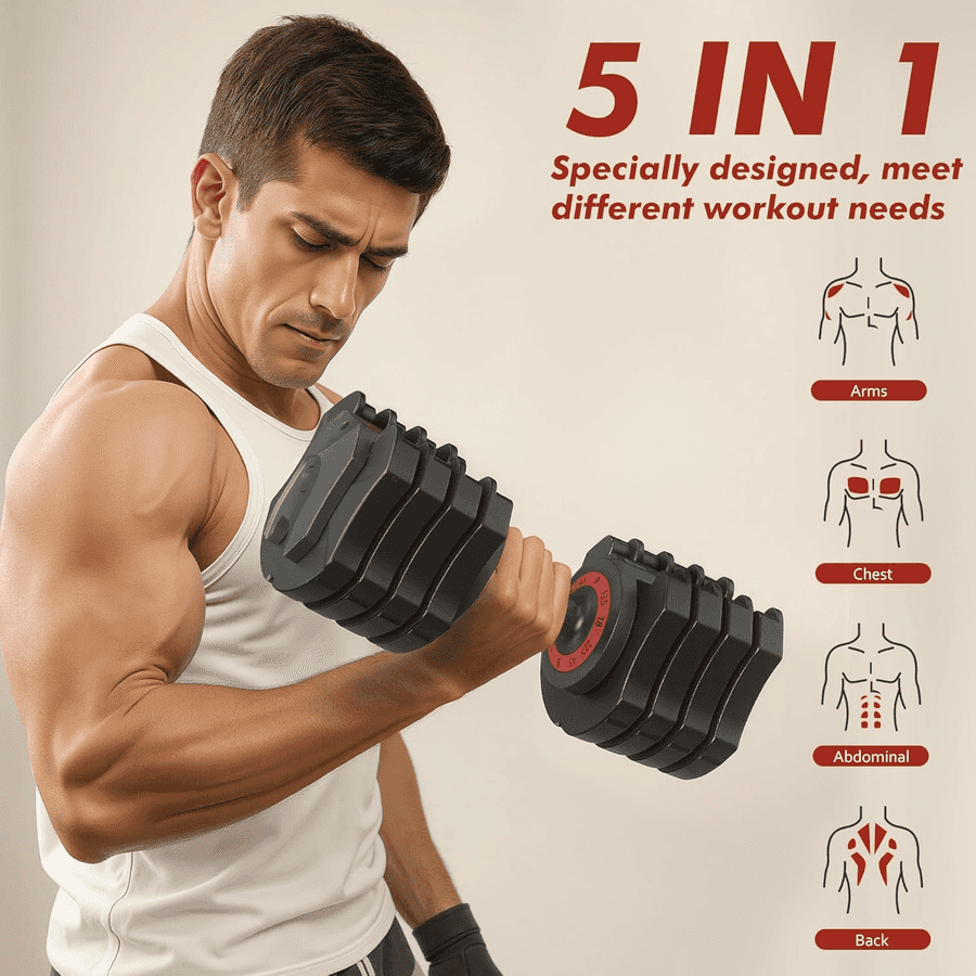 5-in-1 Compact Adjustable Dumbbell Set 22.5lb supports full-body training including arms, chest, back, and core exercises.