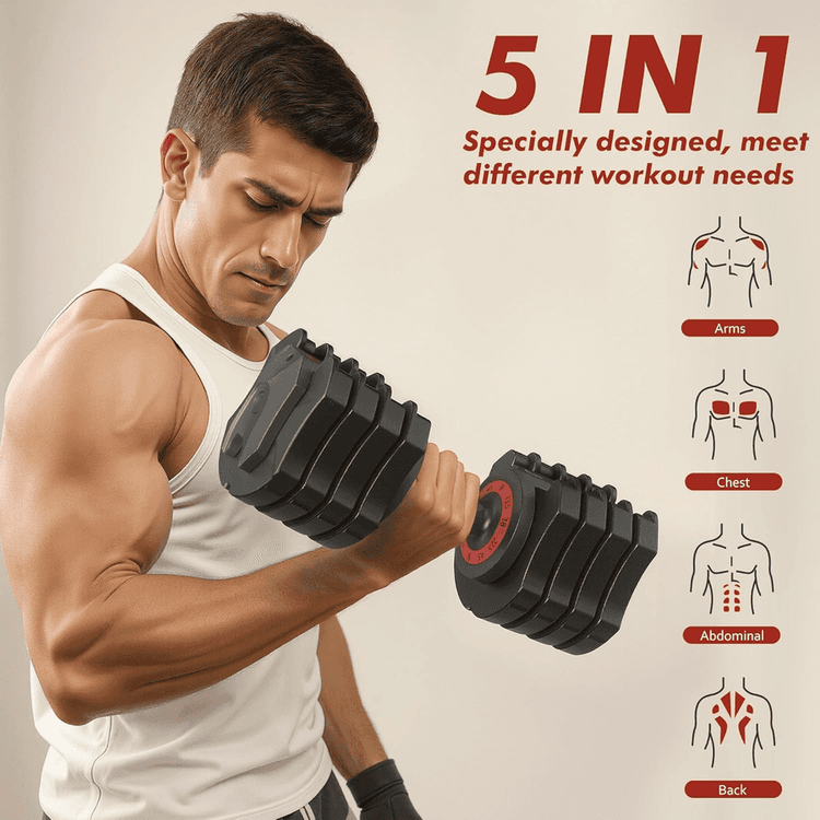 5-in-1 Compact Adjustable Dumbbell Set 22.5lb supports full-body training including arms, chest, back, and core exercises.
