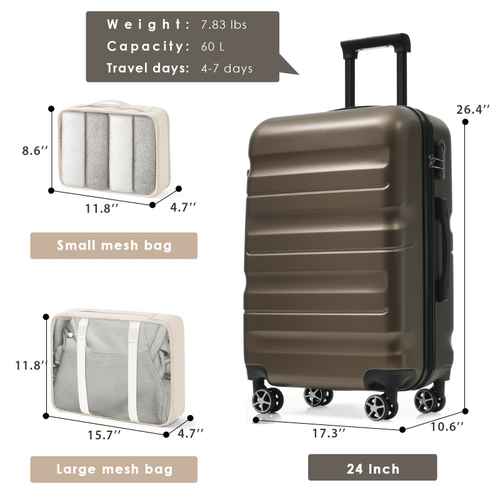 Brown 24-inch hardshell luggage with horizontal ridges, four spinner wheels, telescoping handle, and side lock for travel durability