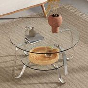 Round Vintage Metal Frame Glass Coffee Table 31.5'' with dual glass layers and chrome legs, styled in a cozy living space.