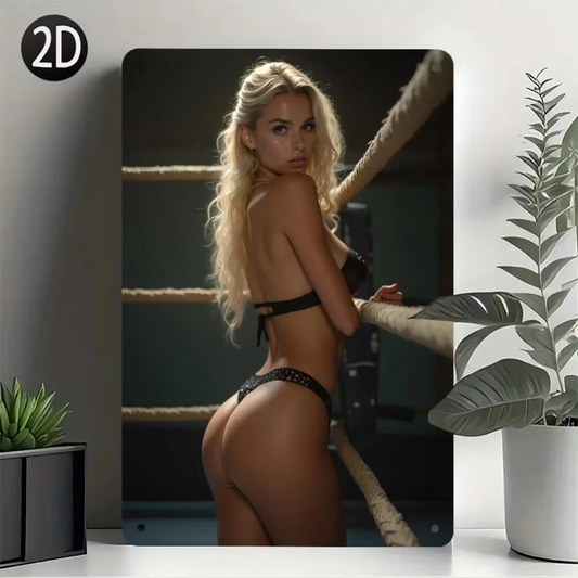 CIFbuy Retro Aluminum Wall Art featuring a sexy blonde woman in lingerie posing in a boxing ring. Ideal novelty sign for bold home wall décor.