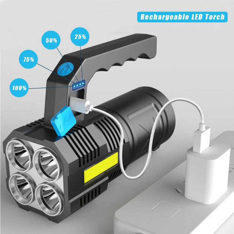 Handheld LED Flashlight with USB charging, power display, and 4 brightness levels, designed for efficient outdoor lighting.