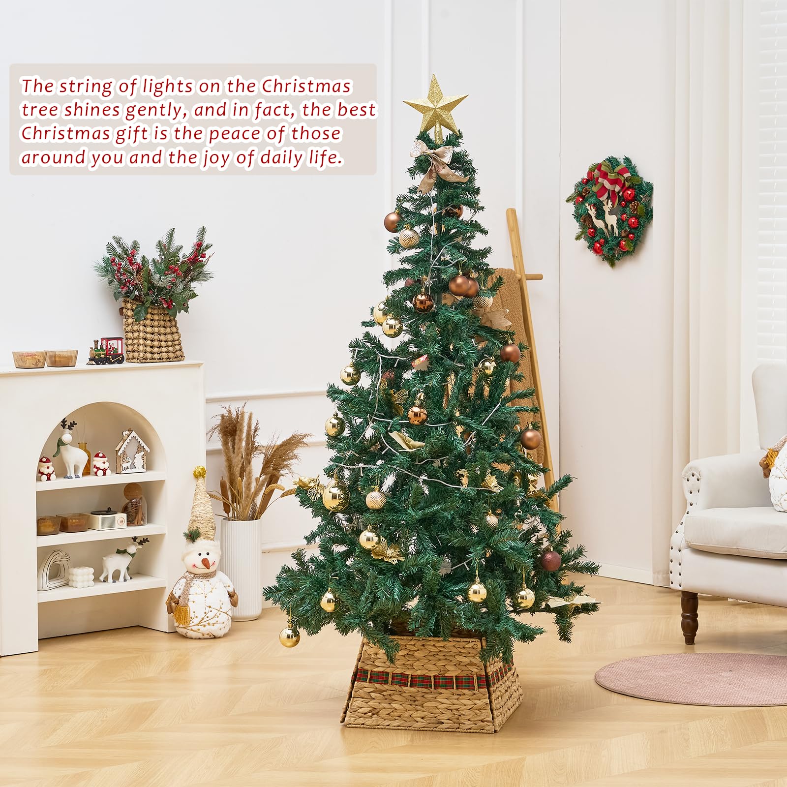 Decorated Christmas tree with handwoven tree skirt in cozy living room, emphasizing festive ambiance and natural decor elements.