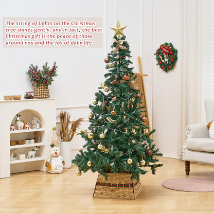 Decorated Christmas tree with handwoven tree skirt in cozy living room, emphasizing festive ambiance and natural decor elements.