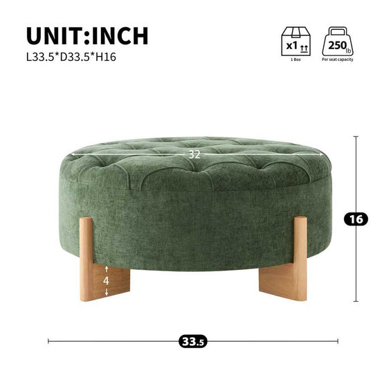 Green ottoman with wooden legs and measurements on a white background