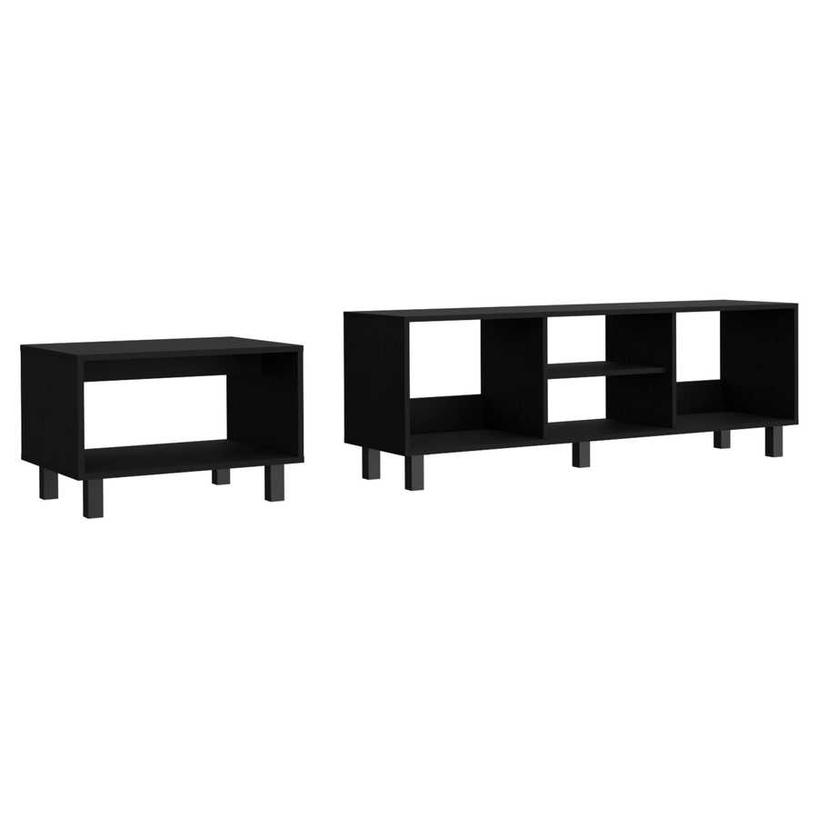 Black Living Room Set with TV Stand and Coffee Table featuring minimalist design and open shelving. Ideal for modern entertainment setups.
