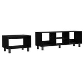 Black Living Room Set with TV Stand and Coffee Table featuring minimalist design and open shelving. Ideal for modern entertainment setups.