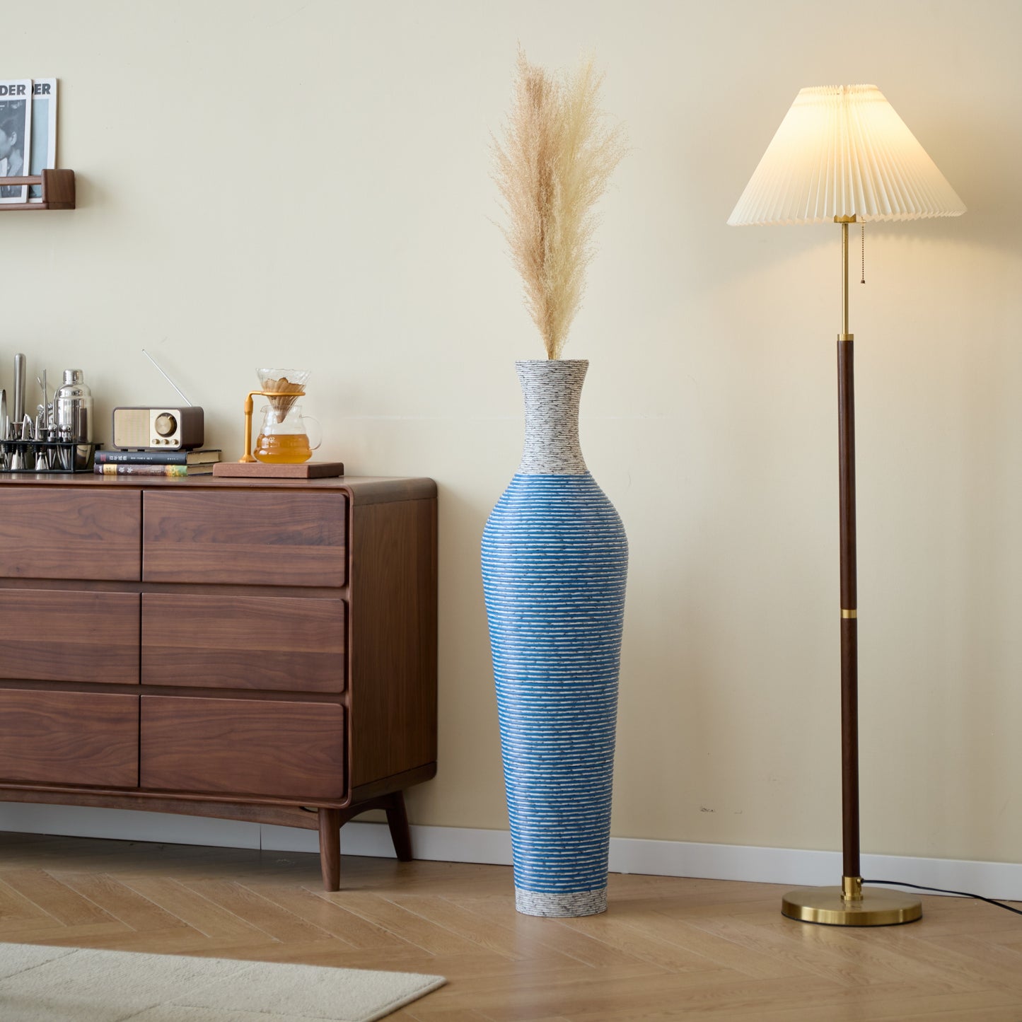 39-inch floor vase decor with pampas grass beside a wooden dresser and lamp, ideal for stylish home and garden decor.