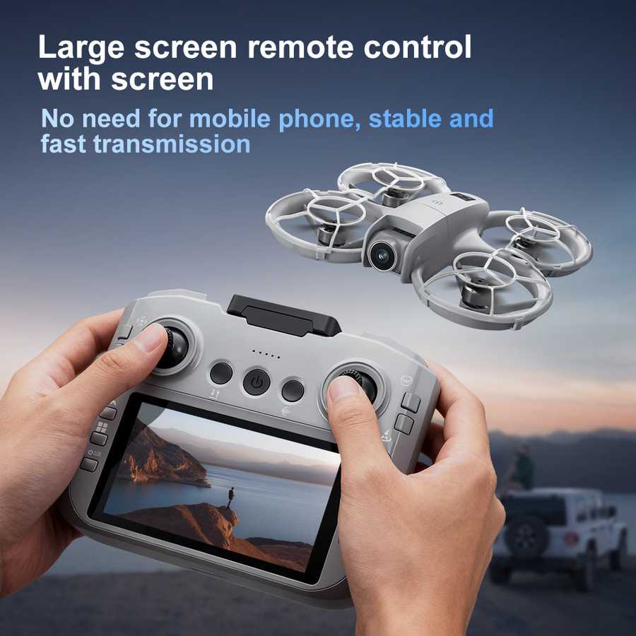 Large screen remote control with drone and smartphone displaying a landscape