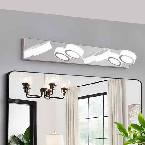 Modern wall-mounted light fixture above a mirror with a home interior setting.