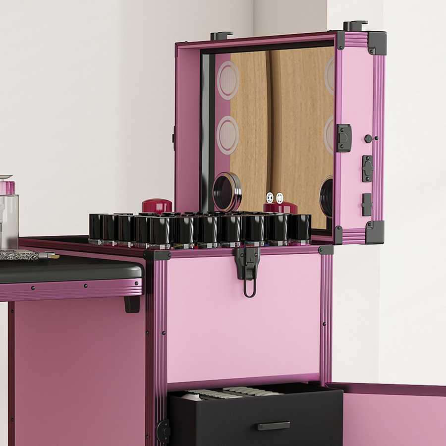 Pink nail art case with lockable drawers and 360-degree rotating wheels