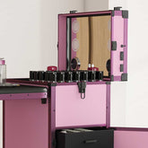 Pink nail art case with lockable drawers and 360-degree rotating wheels