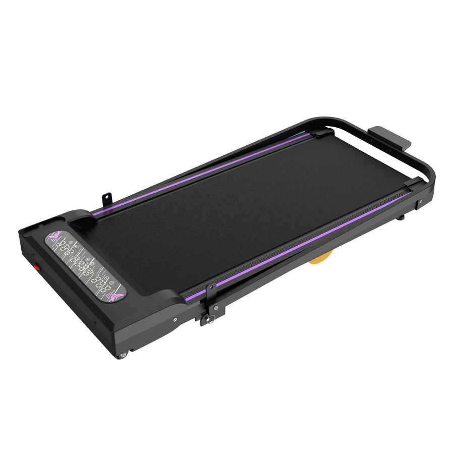 Side view of the black portable under-desk treadmill with purple accents, featuring a sturdy frame and compact size for home office