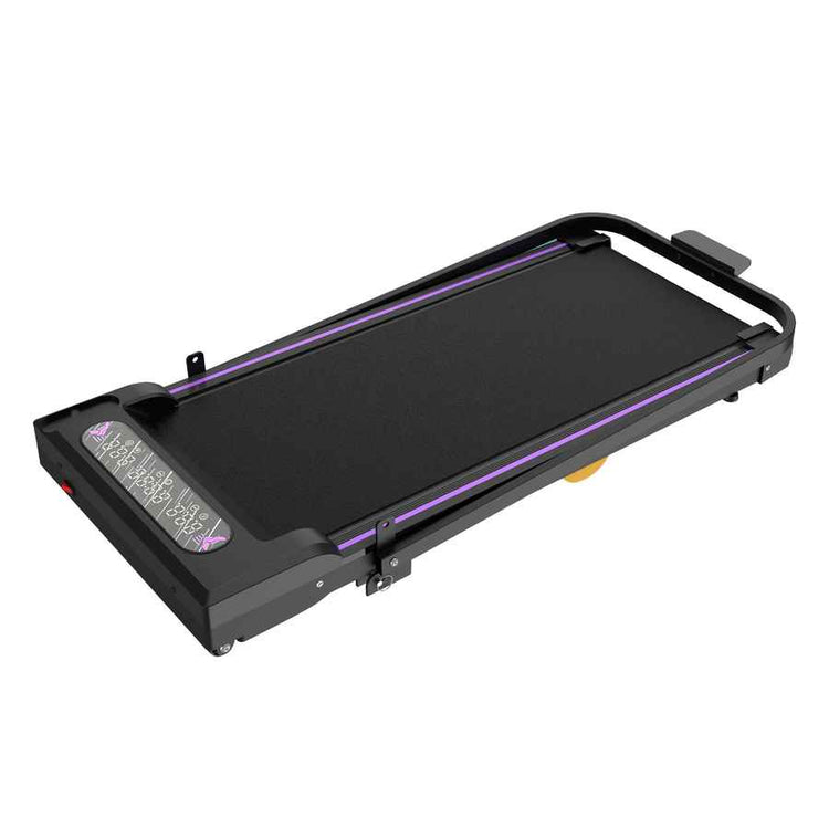 Side view of the black portable under-desk treadmill with purple accents, featuring a sturdy frame and compact size for home office