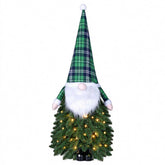 Pre-lit Christmas tree gnome with plaid hat, white beard and black boots on white background