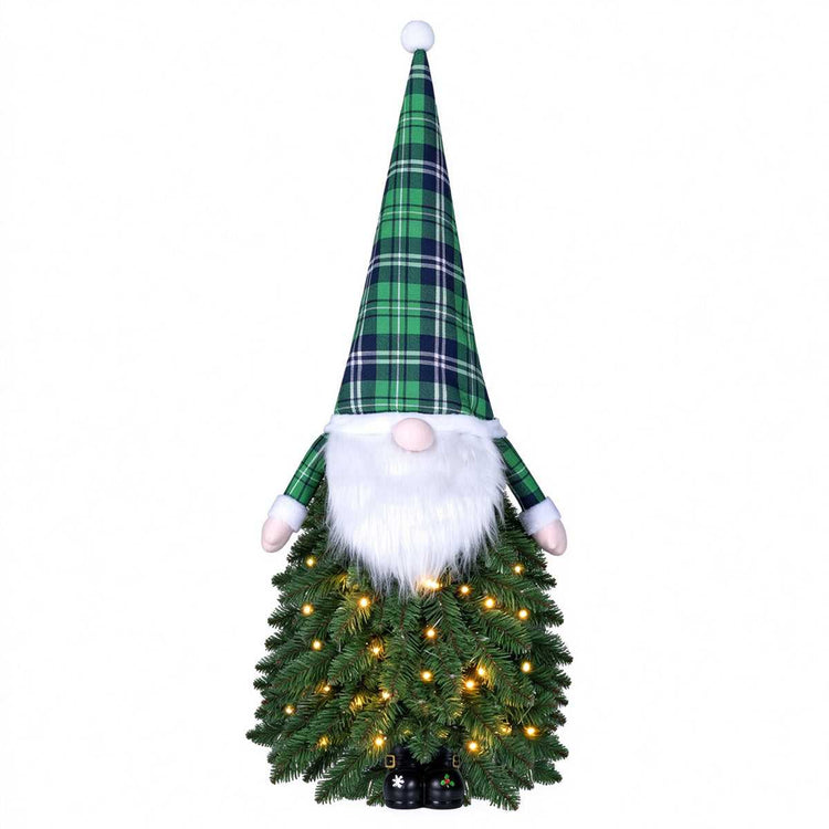 Pre-lit Christmas tree gnome with plaid hat, white beard and black boots on white background