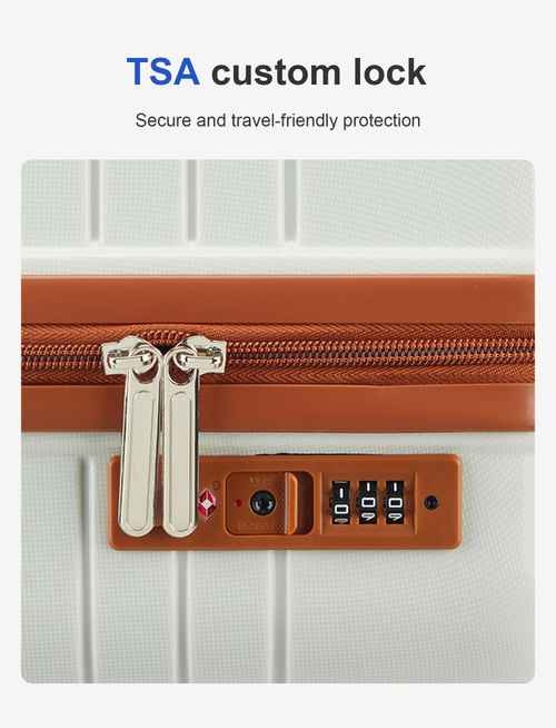 TSA custom lock with a three-digit combination, integrated into a white suitcase, providing secure and travel-friendly protection