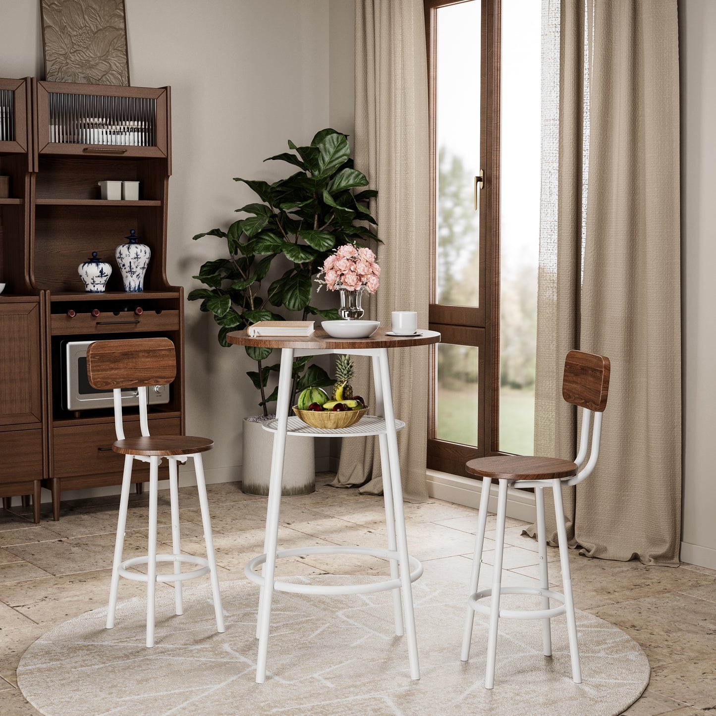 Modern 3-piece bar table set with two stools in a cozy dining area, showcasing wood and white metal design for stylish small-space living.