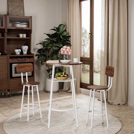 Modern 3-piece bar table set with two stools in a cozy dining area, showcasing wood and white metal design for stylish small-space living.